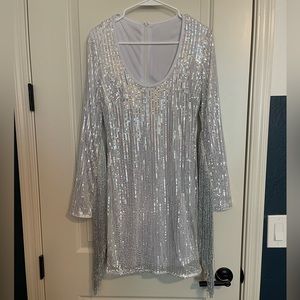 Silver Fringed Sleeved Sequin Dress - NWT Size Medium